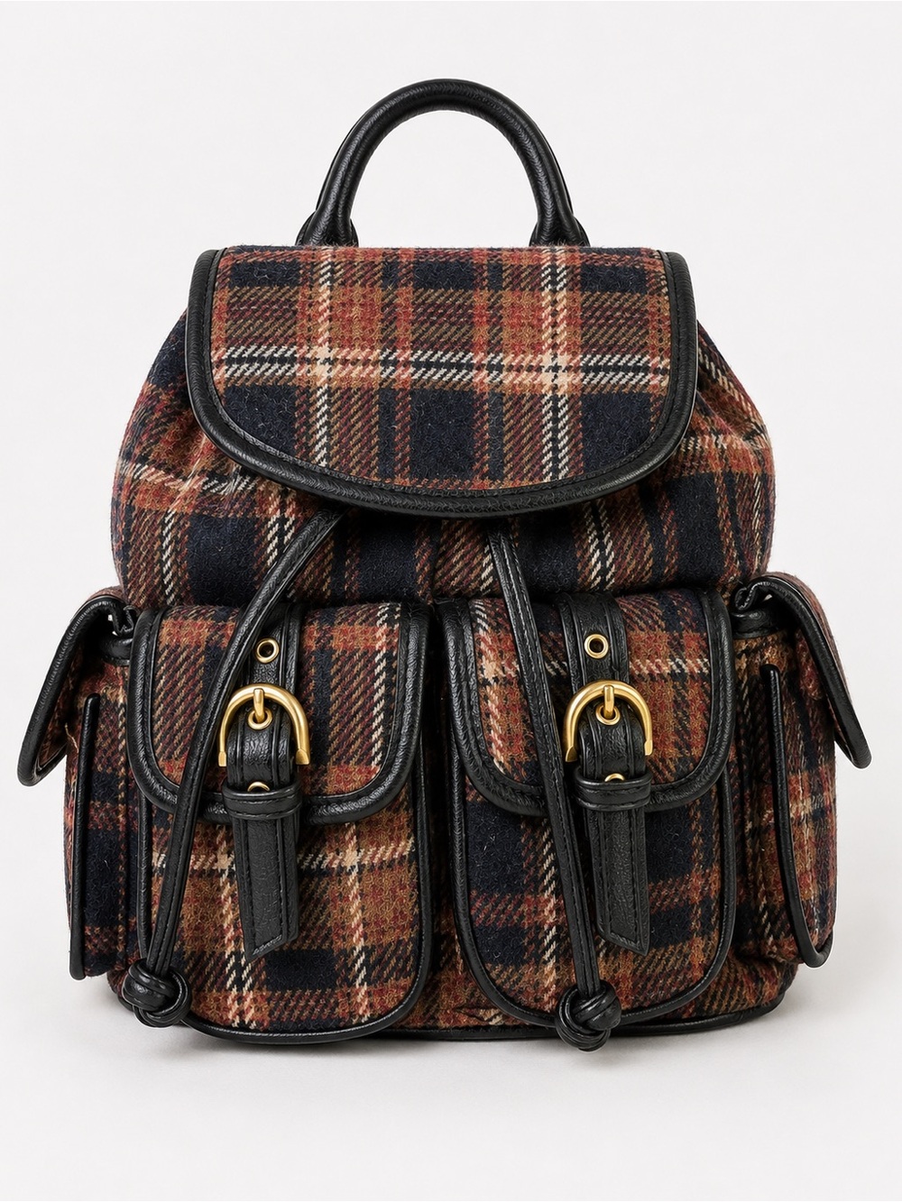 Madden Girl Brown and Black Plaid Mini Backpack with Gold Hardware